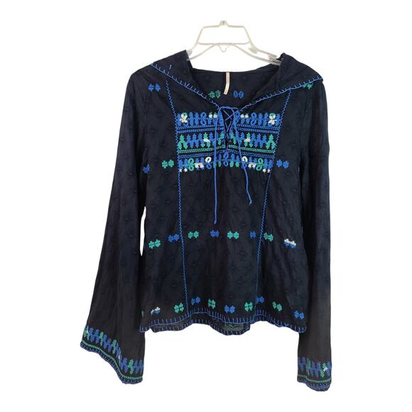 Free People Black Blue Green Embroidered Hooded Bell Sleeve Top Shirt BOHO M - Picture 2 of 4